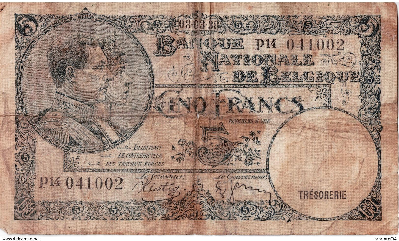 BELGIQUE - 5 Francs 1938 - 5 Francos