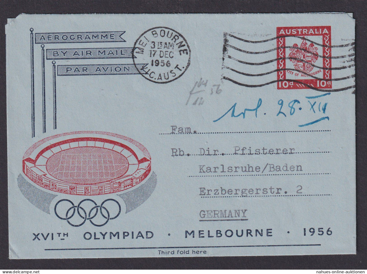 Melbourne Australien Luftpost Ganzsache Olympia 1956 Karlsruhe Baden - Collections