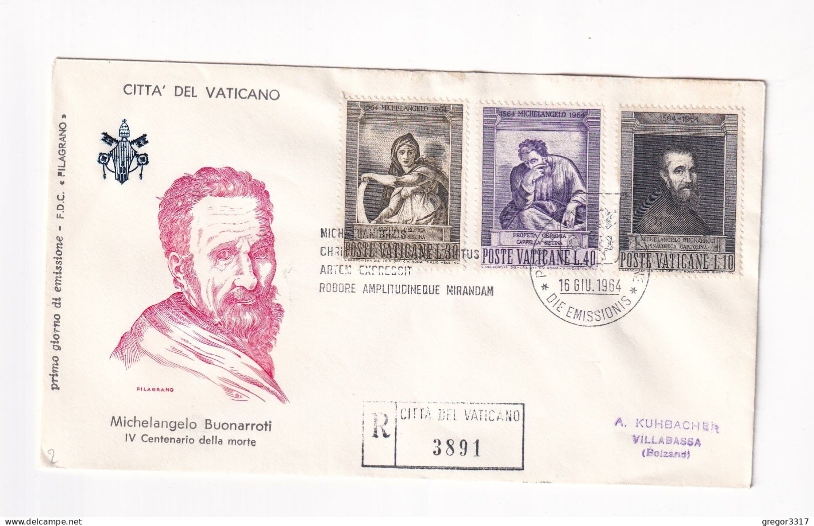 E5988) CITTA Del VATICANO - MICHAELANGELO BUONARROTI Centenario Della Morte  - FDC - Einschreiben Raccomandata - 1964 - FDC