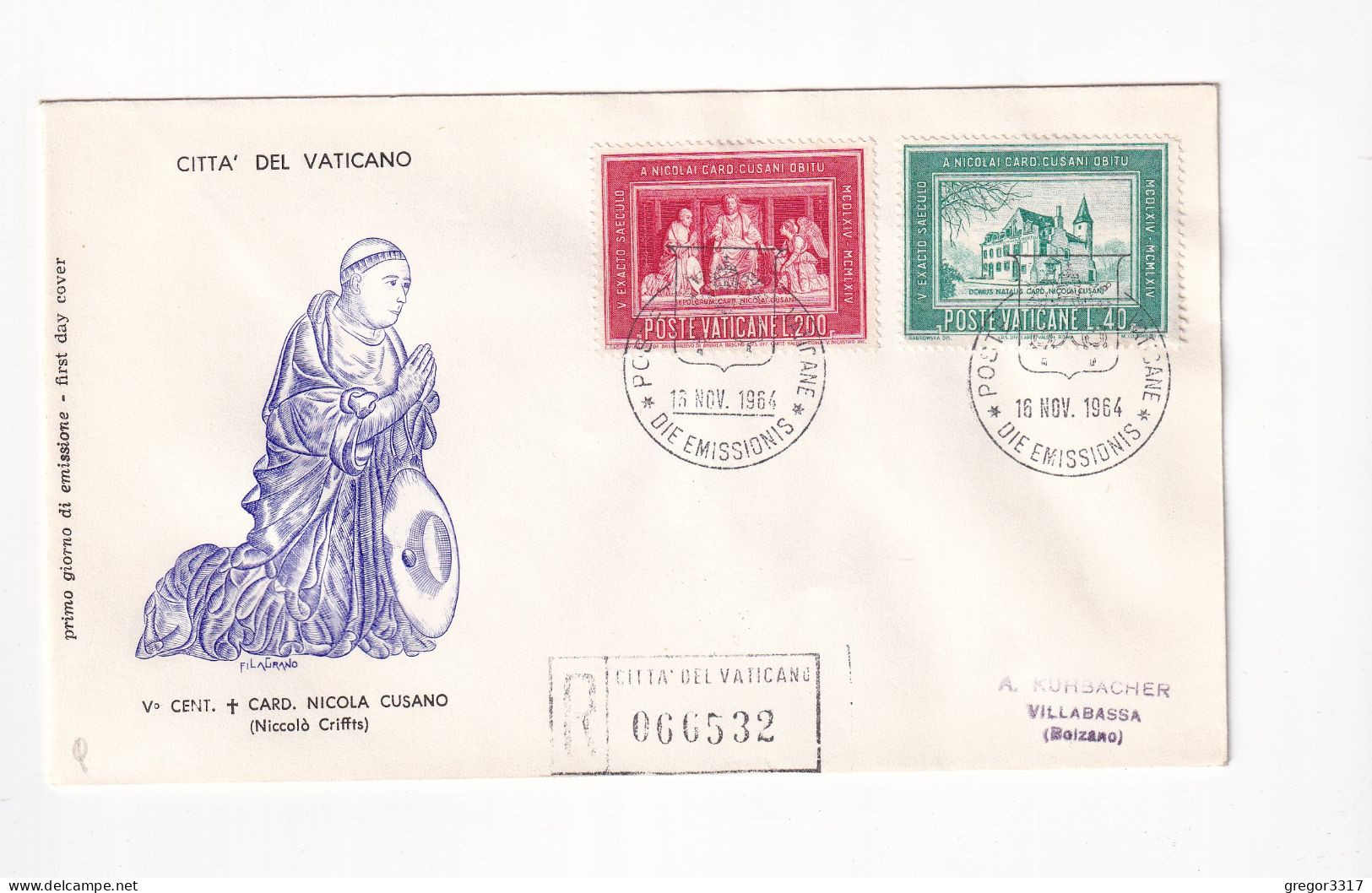 E5991) CITTA Del VATICANO - V Cent Card. Nicola CUSANO - Niccolo Criffts - FDC - Einschreiben Raccomandata - 1964 - FDC