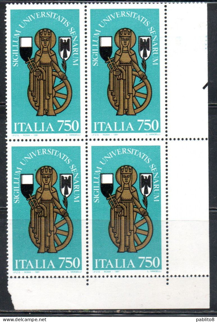 ITALIA REPUBBLICA ITALY REPUBLIC 1991 SCUOLE D'ITALIA SCHOOLS UNIVERSITA' DI SIENA UNIVERSITY QUARTINA ANGOLO FOGLIO MNH - 1991-00: Neufs