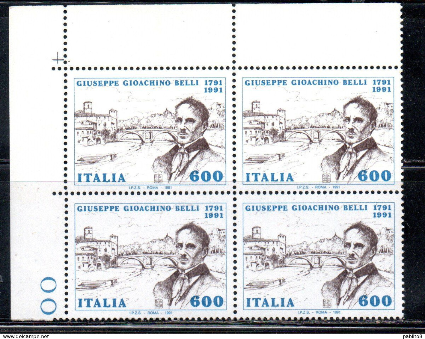 ITALIA REPUBBLICA ITALY REPUBLIC 1991 GIOACHINO BELLI POETA QUARTINA ANGOLO DI FOGLIO BLOCK MNH - 1991-00:  Nuovi