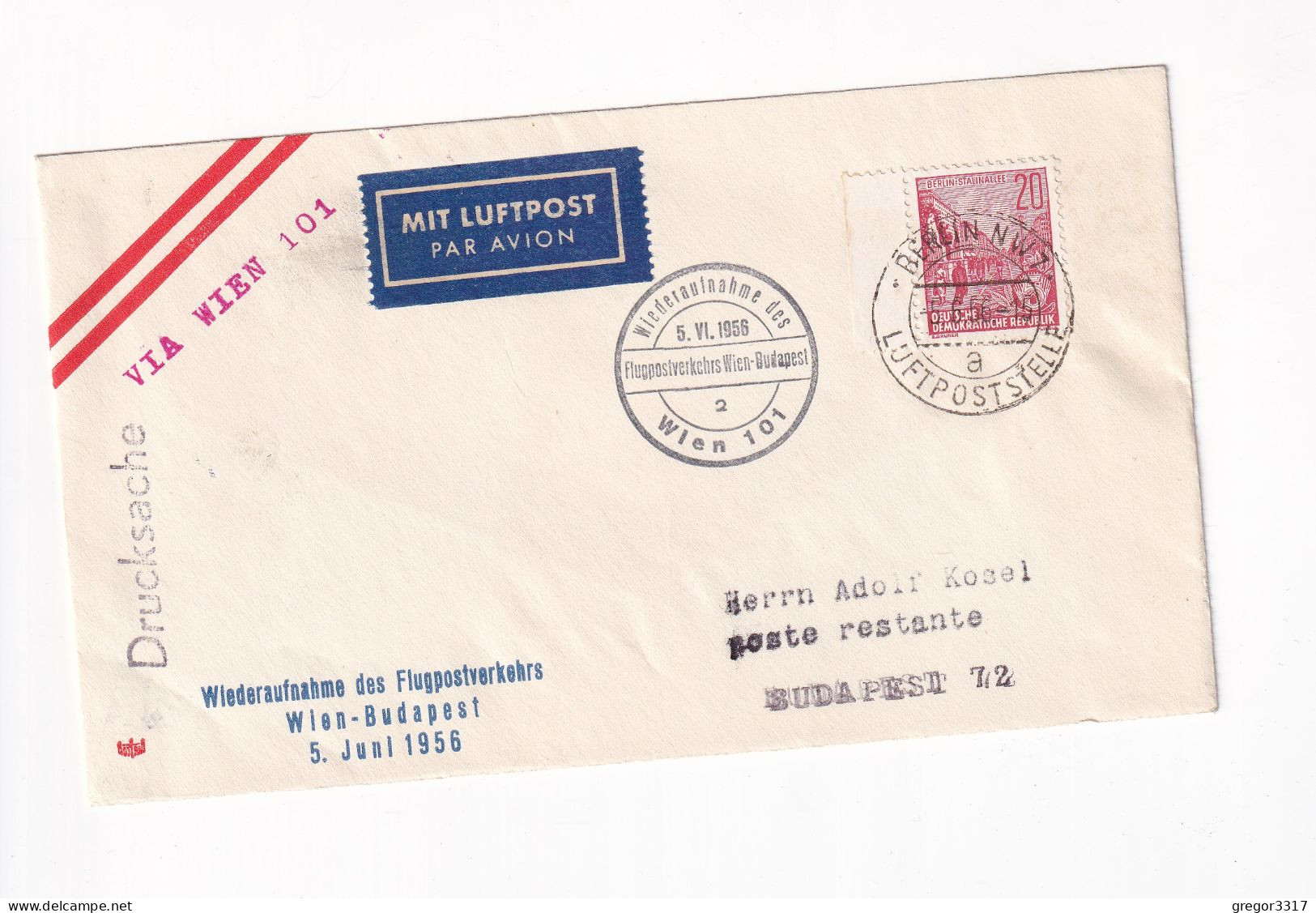 E6000) LUFTPOST - Wiederaufnahme Flugpostverkehr WIEN - BUDAPEST 5.6.1956 - -STEMPEL BERLIN NW 1956 Luftpoststelle - Autres & Non Classés