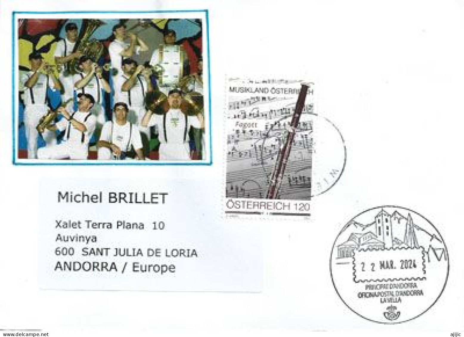 2024.MusikLand Österreich (Le Basson- Fagotto), Lettre De Wien à Andorra, Avec Timbre à Date Arrivé Illustré D'Andorra - Storia Postale