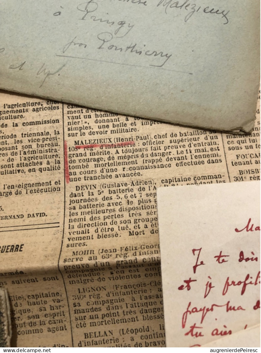 Lettres Du Chef De Bataillon Henri Paul Malezieux, Chef De Bataillon Du 108eme RI Mort Pour La France 1915 - 1914-18