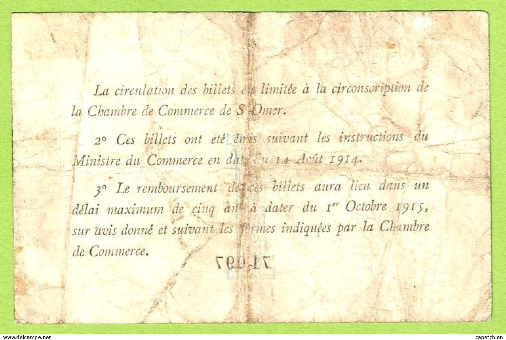 FRANCE / CHAMBRE De COMMERCE / SAINT OMER / 1 FRANC / 14 AOUT 1914 / PAS De N° De SERIE  / N° 71097 - Chambre De Commerce