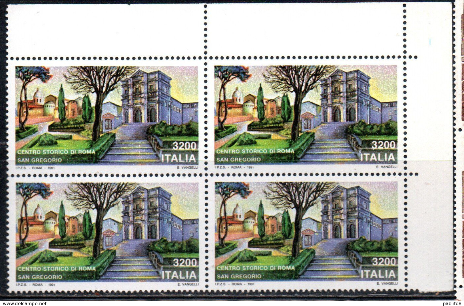 ITALIA REPUBBLICA ITALY 1991 PATRIMONIO ARTISTICO E CULTURALE CHIESA S. GREGORIO AL CELIO QUARTINA ANGOLO DI FOGLIO MNH - 1991-00: Mint/hinged