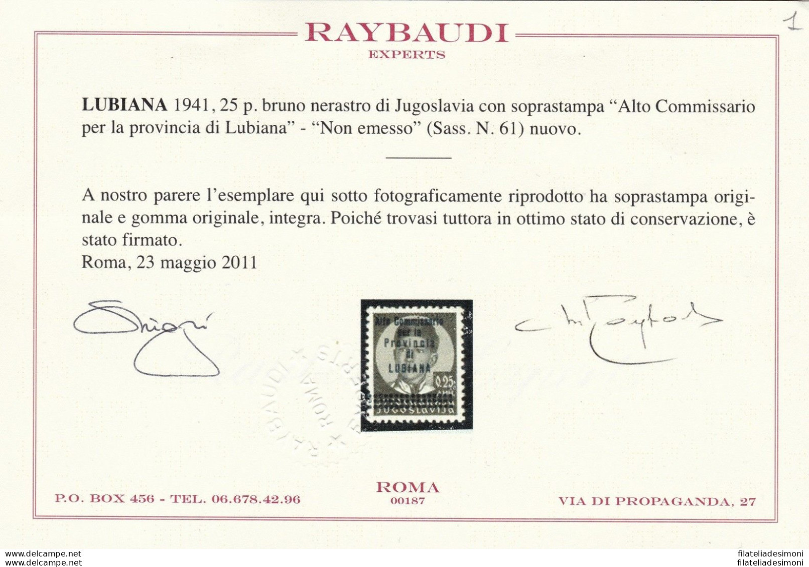 1941 LUBIANA, N. 61 25p. Bruno Nerastro MNH/** Certificato Raybaudi RARO - Sonstige & Ohne Zuordnung