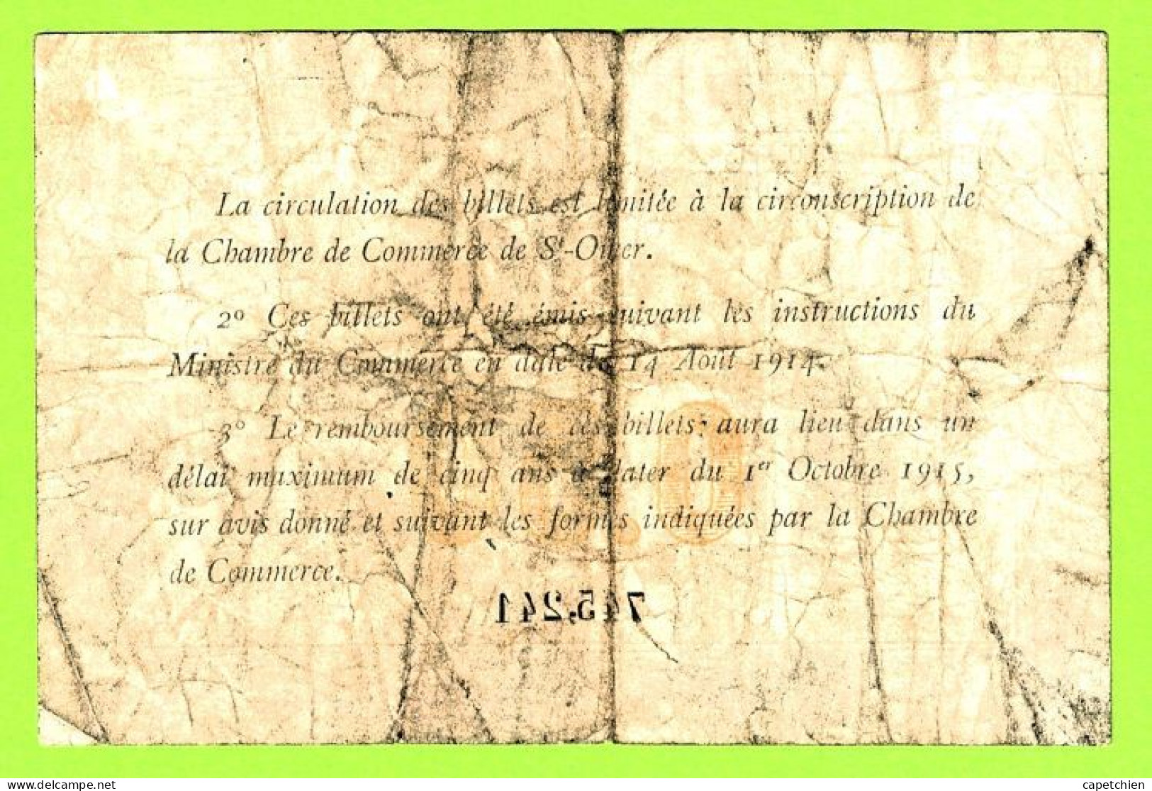 FRANCE / CHAMBRE De COMMERCE / SAINT OMER / 50 CENTIMES / 14 AOUT 1914 / CINQUIEME EMISSION / N° N 745241 - Cámara De Comercio
