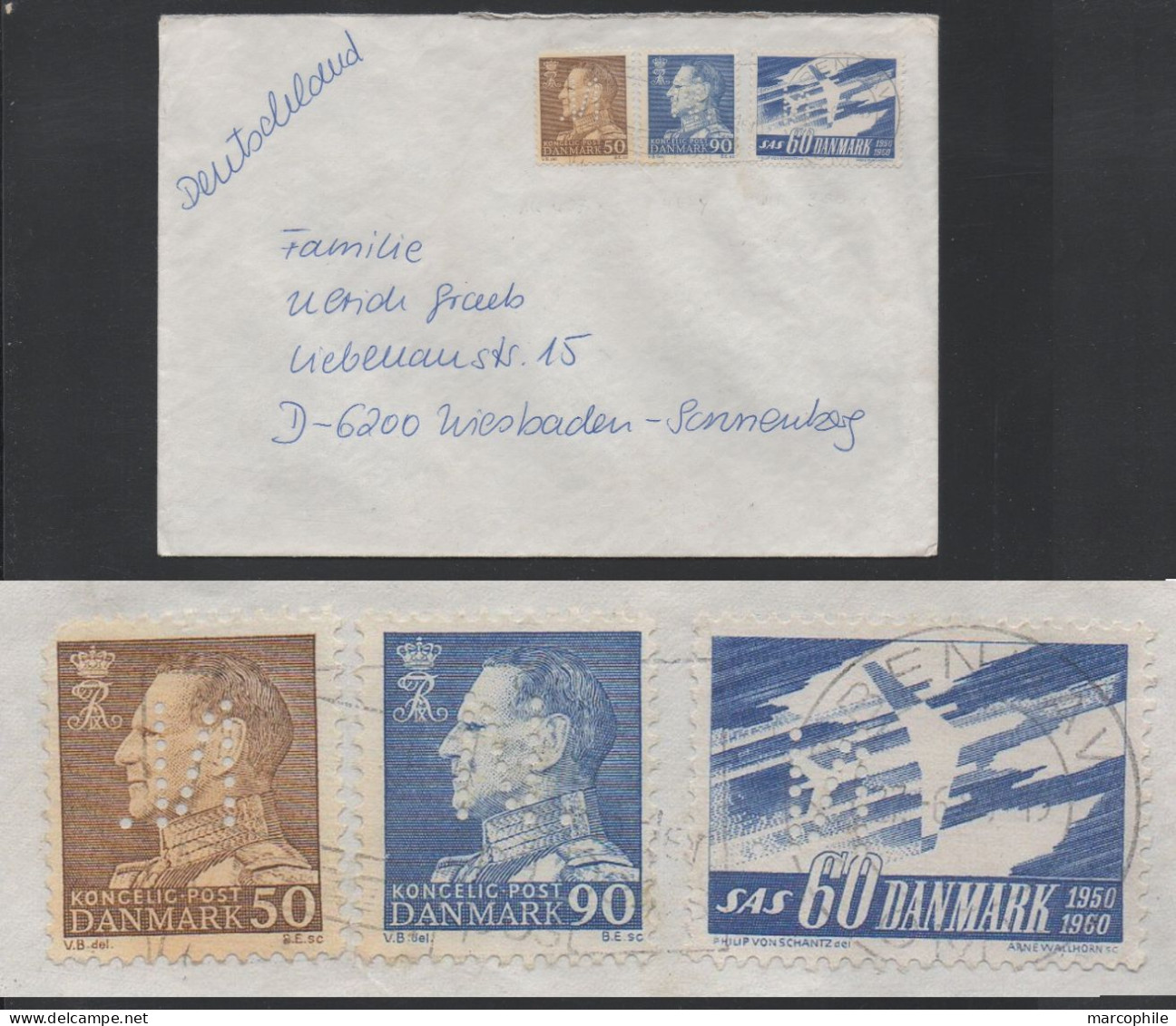 DANEMARK - DANMARK / PERFIN "N." SUR 3 TIMBRES SUR LETTRE ==> ALLEMAGNE - PERFORE - LOCHUNG (ref 9158) - Storia Postale