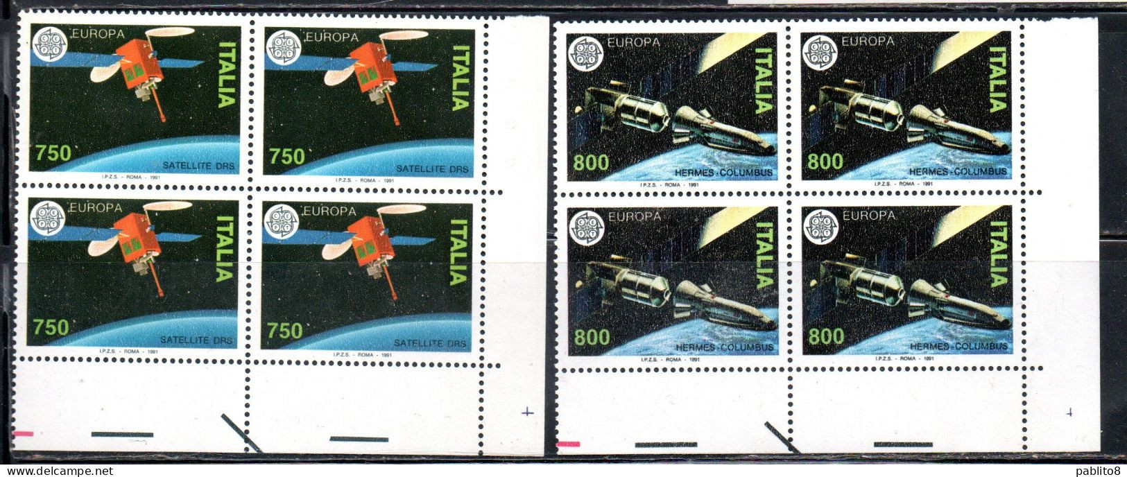 ITALIA REPUBBLICA ITALY REPUBLIC 1991 EUROPA CEPT UNITA SPAZIO SPACE SERIE COMPLETA SET QUARTINA ANGOLO DI FOGLIO MNH - 1991-00:  Nuevos