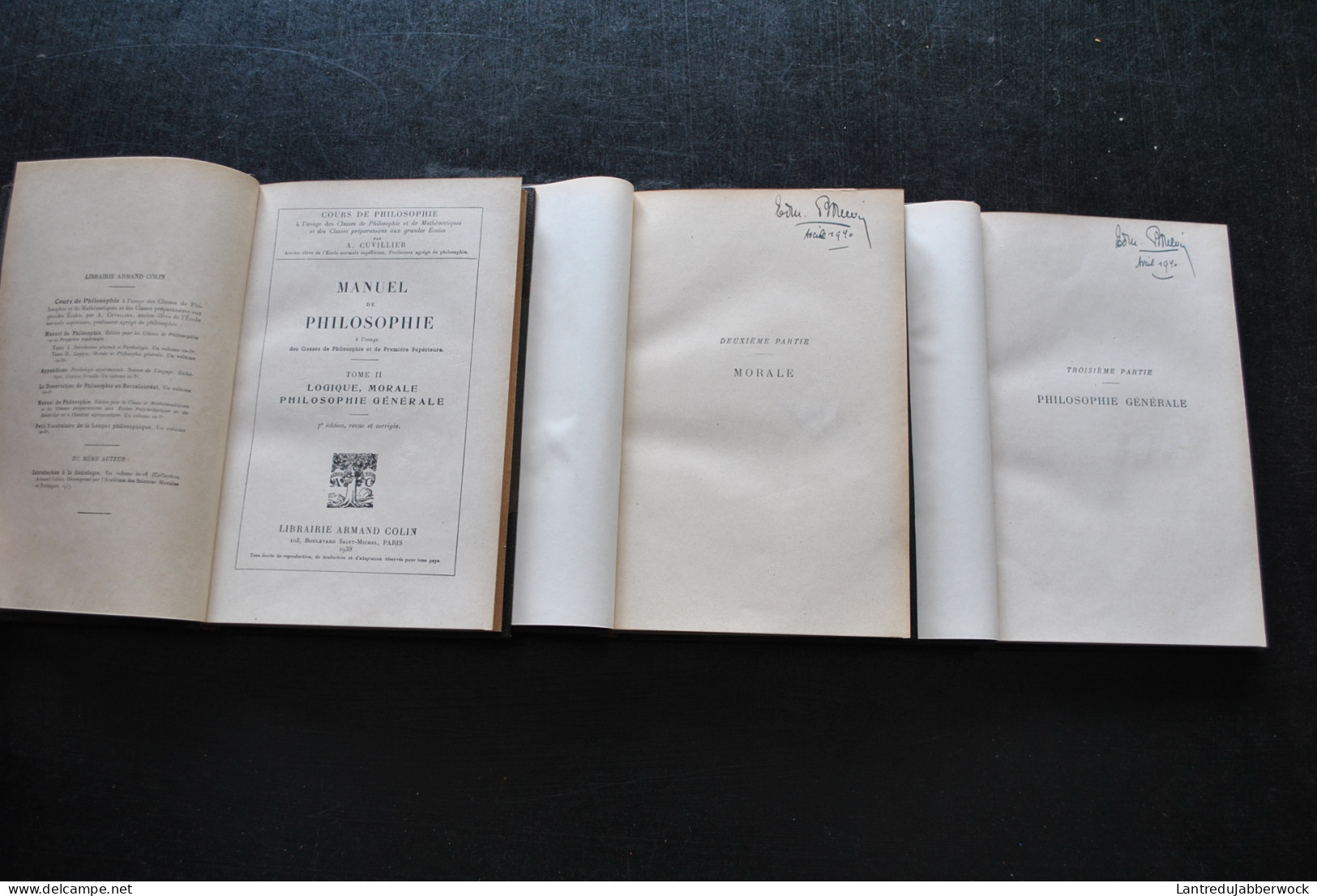 CUVILLIER Manuel De Philosophie Tome II Complet En 3 Vol Logique Morale Philo Générale Reliure Cuir Signée HOTAT ET FILS - Psychologie/Philosophie