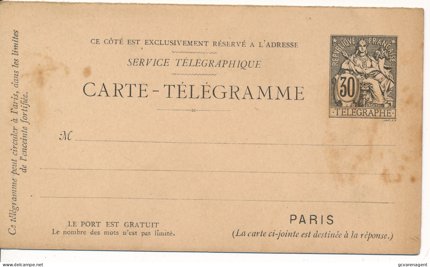 SERVICE TELEGRAPHIQEU    CARTE  TELEGRAMME - Telegraaf-en Telefoonzegels