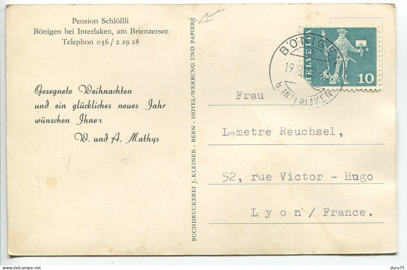 SUISSE CP Voyagé 1962 * Pension  Schlößli BÖNIGEN Bei Interlaken Am Brienzerseen ( Lac De Brienz ) - Bönigen