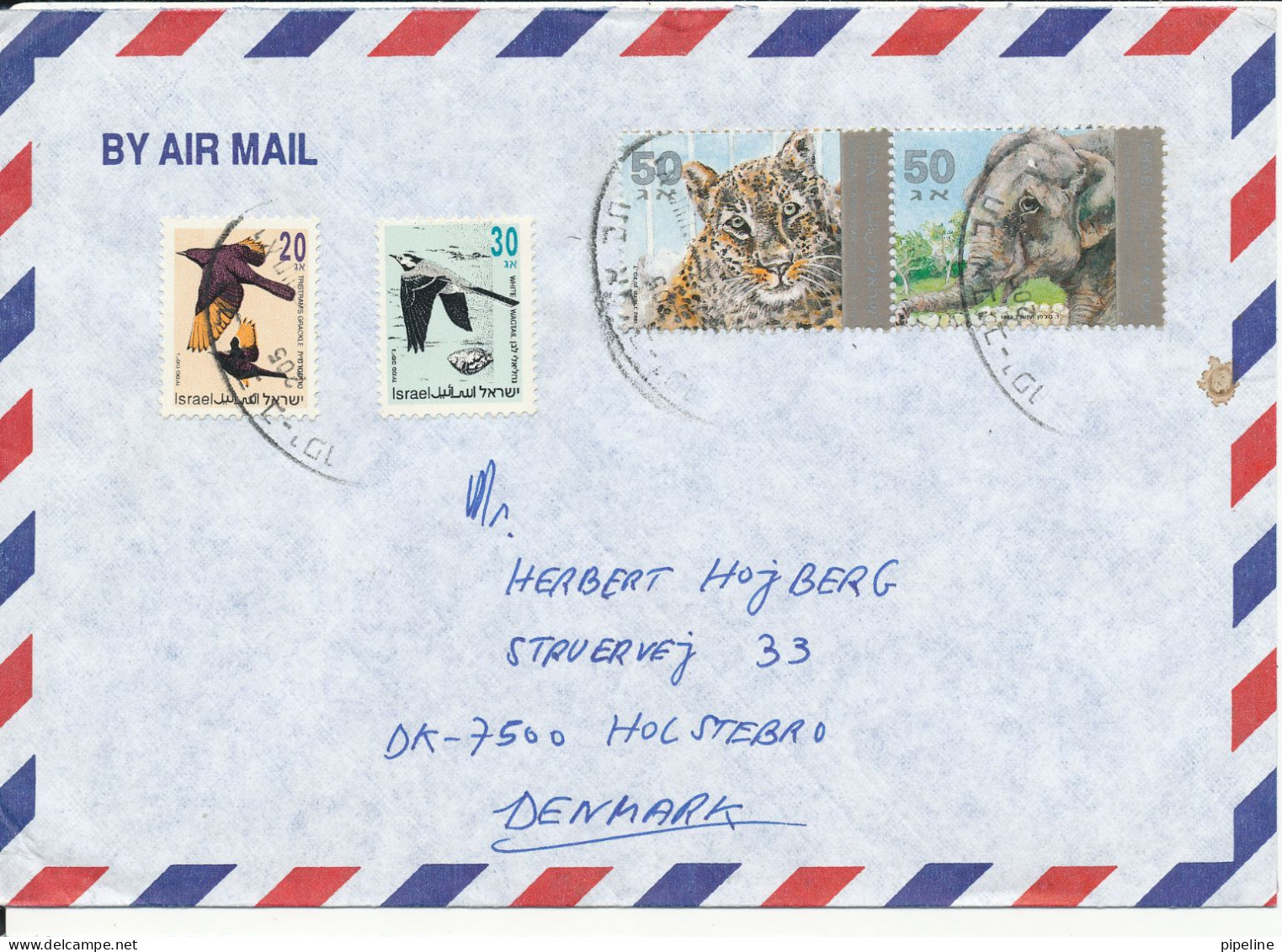Israel Air Mail Cover Sent To Denmark With Panther And Elephant Stamps - Luftpost
