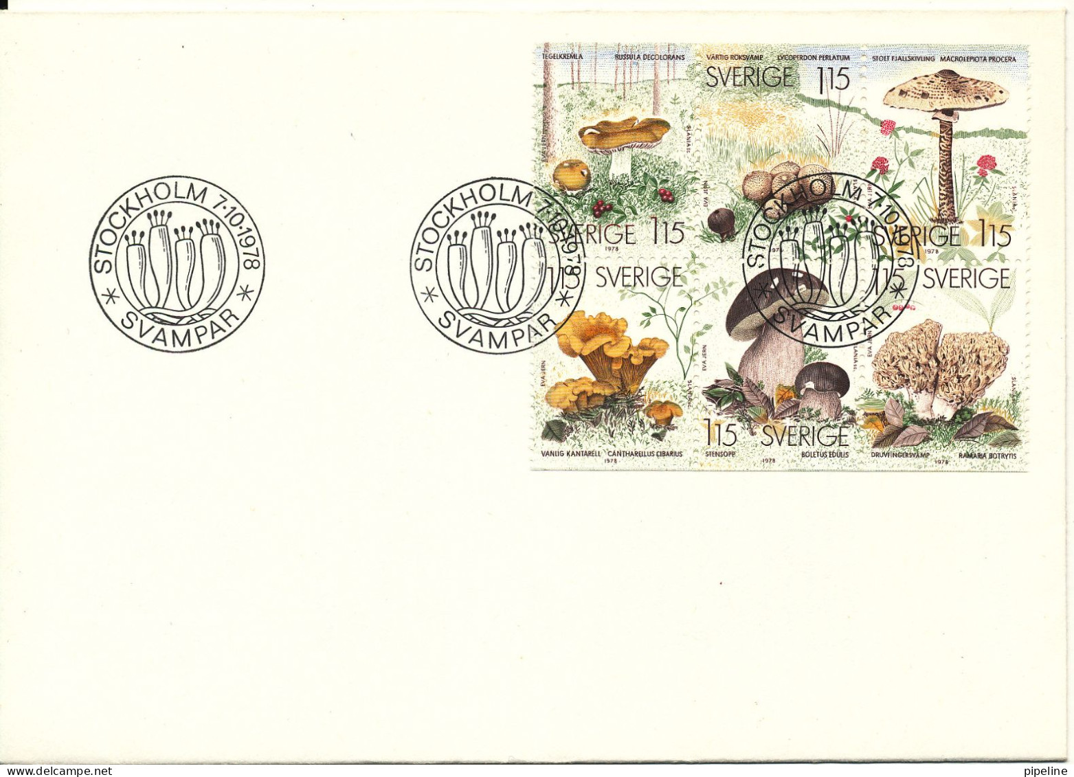 Sweden FDC 7-10-1978 Mushrooms Complete Set Of 6 In A Block Of 6 - FDC