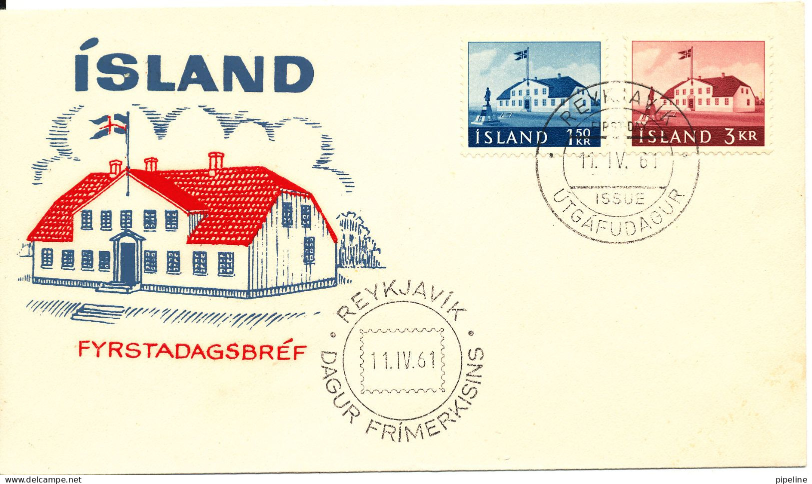 Iceland Fdc 11-4-1961 Complete Set The Old Government Building With Nice Cachet - FDC