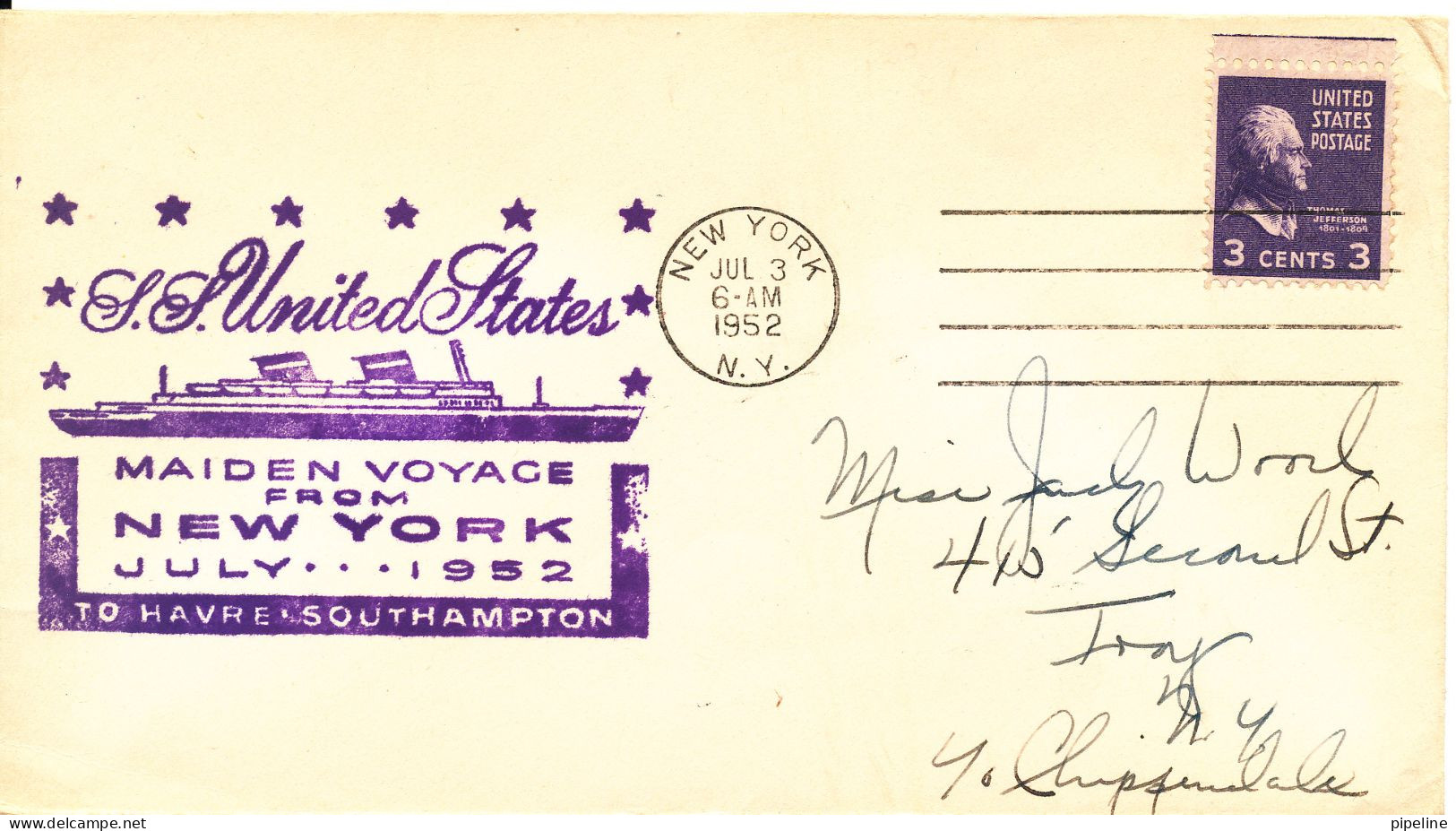USA Cover New York 3-7-1952 S/S UNITED STATES Maiden Voyage From New York To Le Havre And Southamton - Enveloppes évenementielles