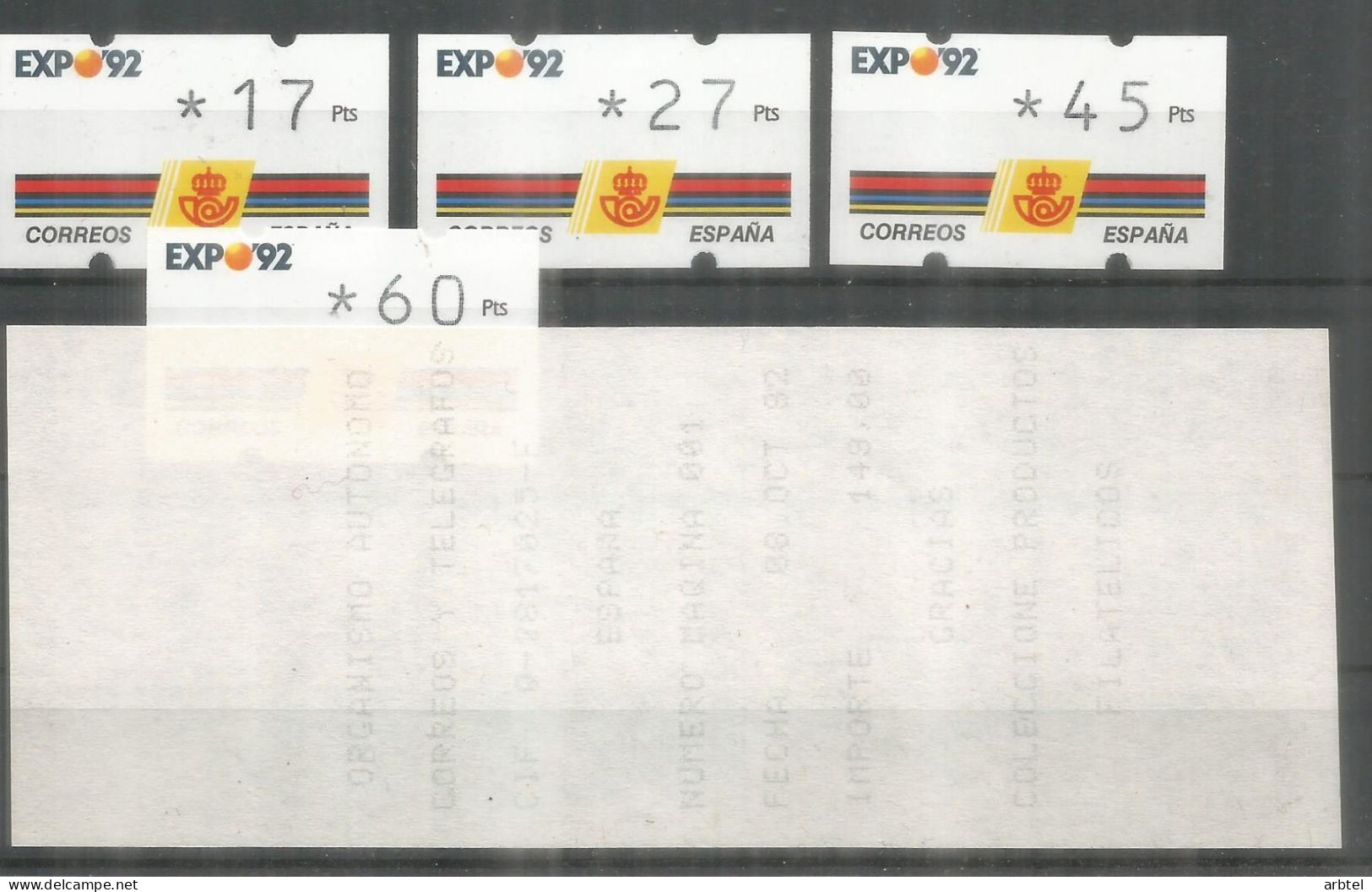 ESPAÑA ATM KLUSSENDORF EXPO 92 SEVILLA 3 DIGITOS 4 VALORES CON RECIBO - 1992 – Séville (Espagne)