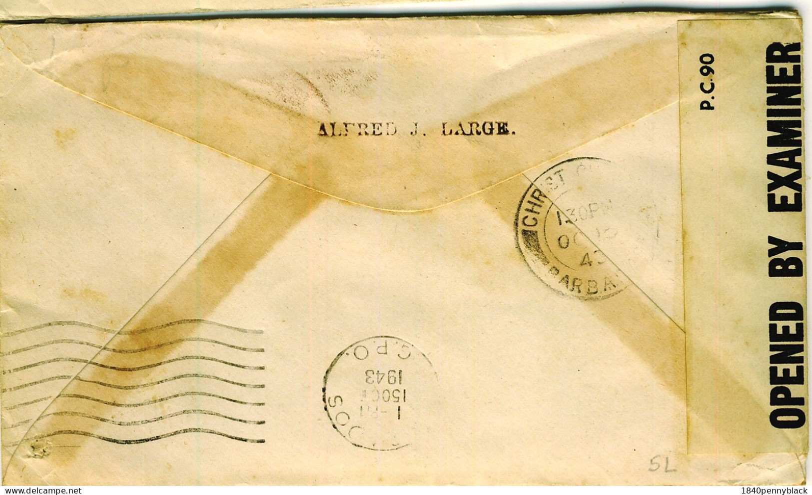 GRENADA 1943 KGVI WW2 Censored Cover To Christ Church Barbados  With Imprint & I.S.S/.36 - Grenada (...-1974)