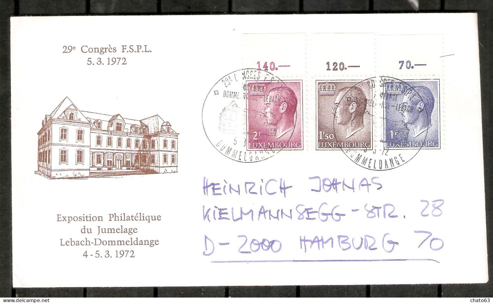 LUXEMBURGO. 29.Congrès FSPL 5.3.72 Exposition Philatélique Du Jumelage Lebach-Dommeldange - Storia Postale