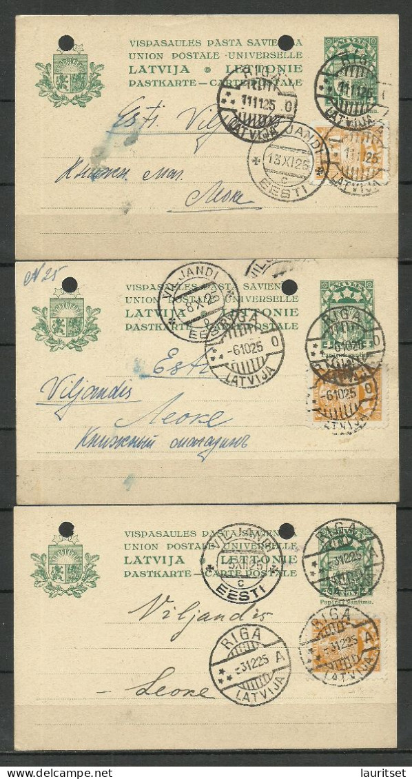 LETTLAND Latvia O 1925 Riga Ganzsachen Postal Stationery Cards, Sent To Estonia Viljandi, 3 Pcs. - Latvia