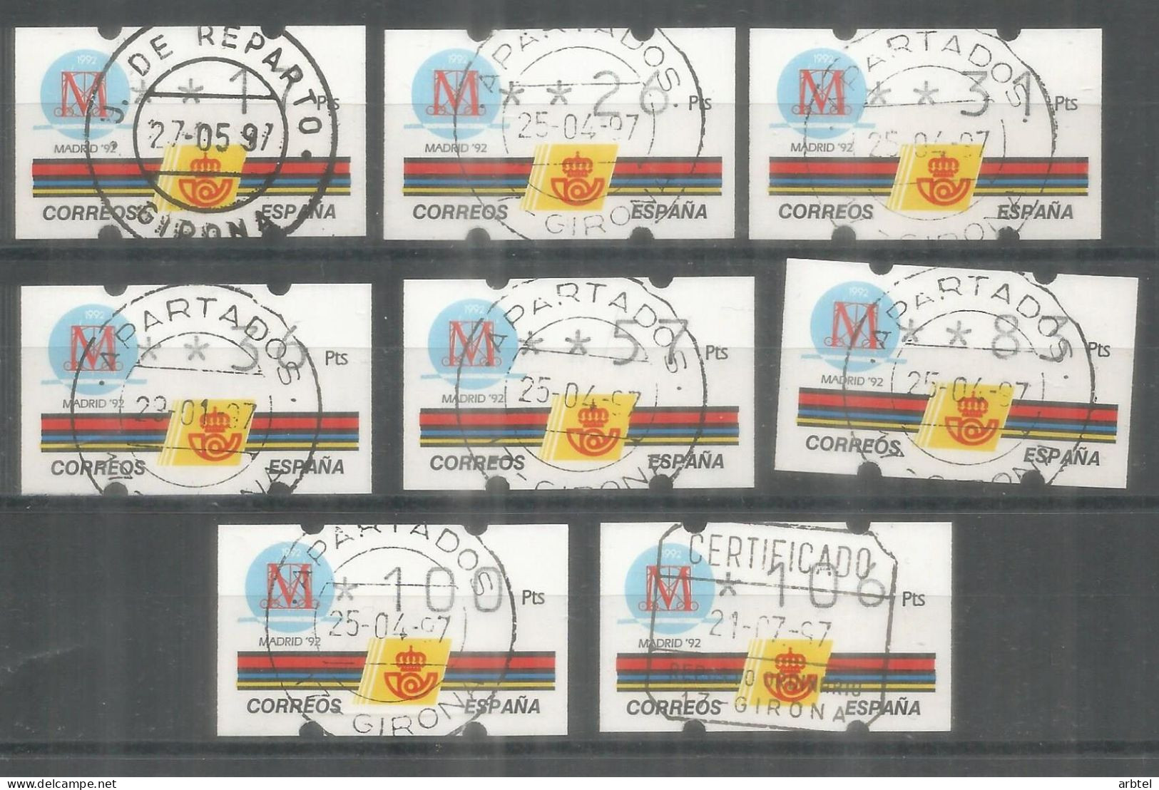 ESPAÑA ATM KLUSSENDORF MADRID CAPITUAL CULTURAL 4 DIGITOS 8 VALORES CON MATASELLOS - Used Stamps