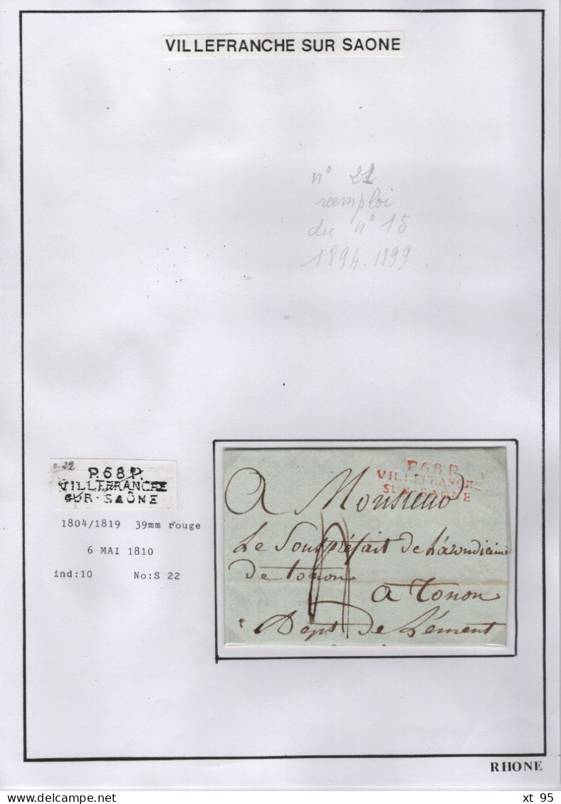 Collection Histoire Postale - Villefranche sur Saone 68 Rhone - des origines à 1876 - cote + 5800€ - voir scan - rare