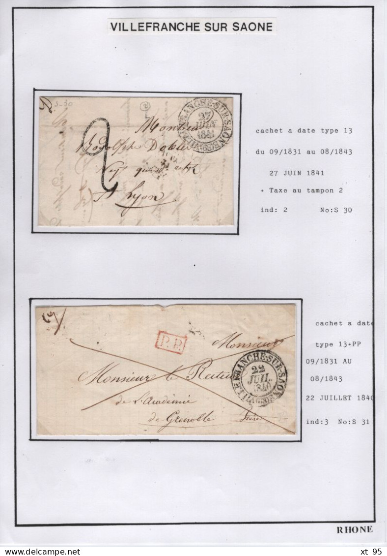 Collection Histoire Postale - Villefranche sur Saone 68 Rhone - des origines à 1876 - cote + 5800€ - voir scan - rare