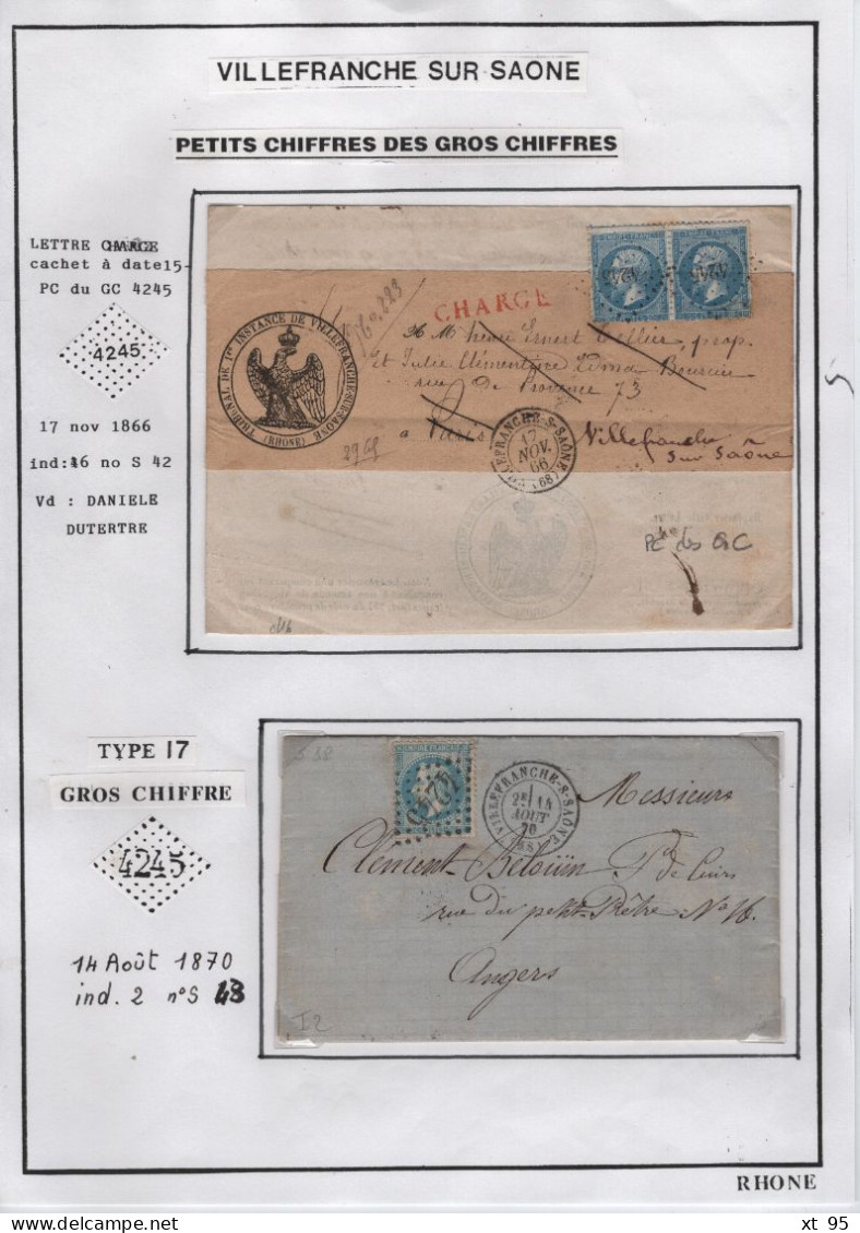 Collection Histoire Postale - Villefranche sur Saone 68 Rhone - des origines à 1876 - cote + 5800€ - voir scan - rare