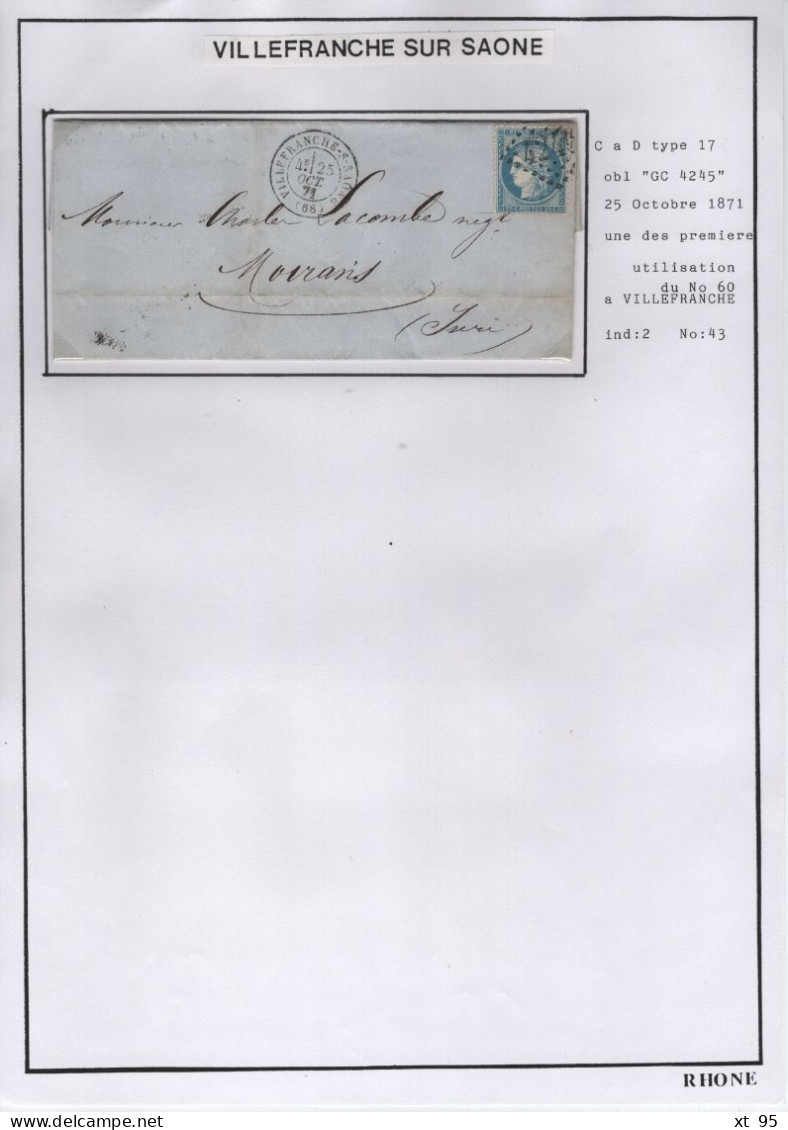 Collection Histoire Postale - Villefranche sur Saone 68 Rhone - des origines à 1876 - cote + 5800€ - voir scan - rare