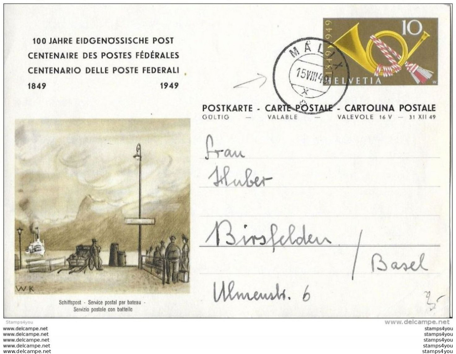 103 - 15 - Entier Postal "100 Ans Postes Fédérales" Avec Superbe Cachet à Date Malix 1949 Attention Petit Pli - Entiers Postaux