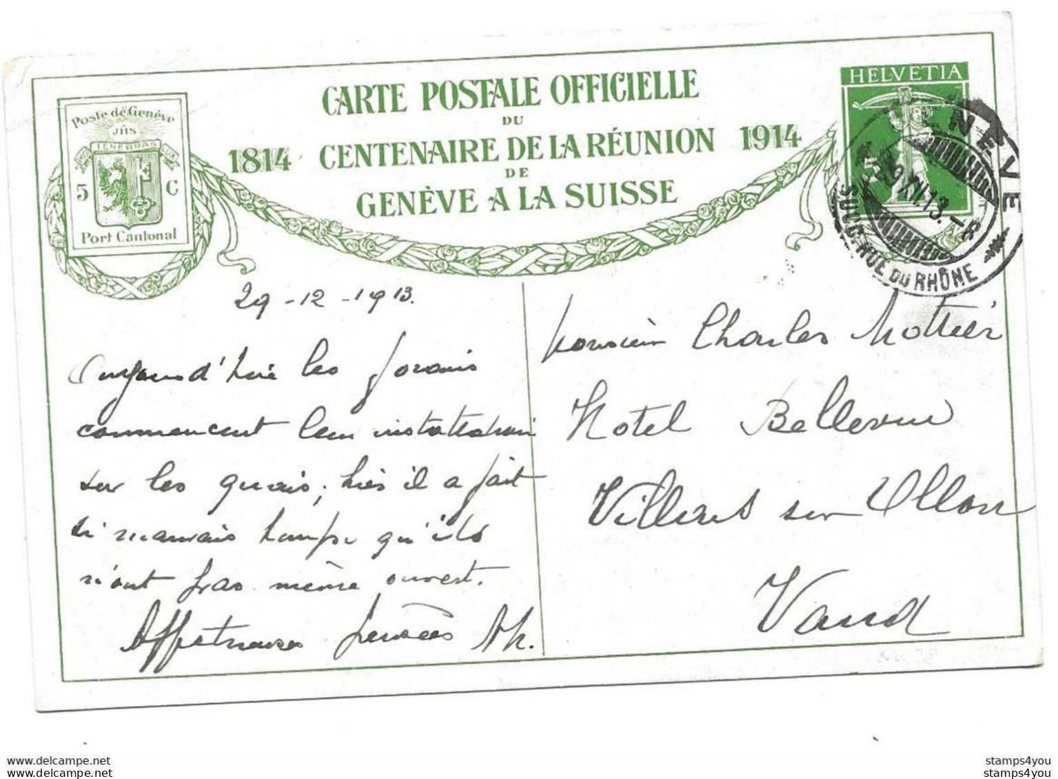 103 - 71 - Entier Postal Centenaire Réunion Genève à La Suisse 1914 "Accolade Au Pont Noir" Cachet Genève 1913 - Entiers Postaux