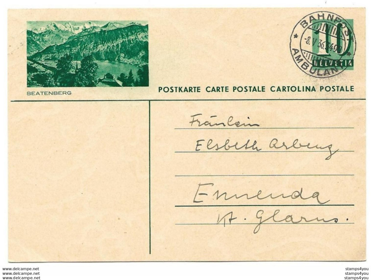 293 - 103 - Entier Postal Avec Illustration "Beatenberg" Supebe Cachet Chemins De Fer "Bahnpost" 1936 - Entiers Postaux