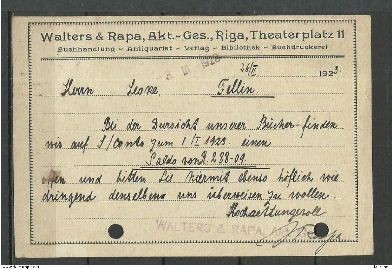 LATVIA Lettland O 1923 Commercial Post Card Walters & Rapa A/S. Riga Firmenkarte Sent To Estonia Viljandi Fellin - Lettonie