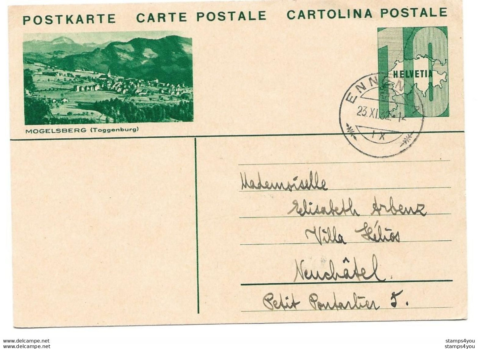 103 - 99 - Entier Postal Avec Illustration "Mogelsberg" Superbe Cachet à Date Ennenda 1932 - Entiers Postaux