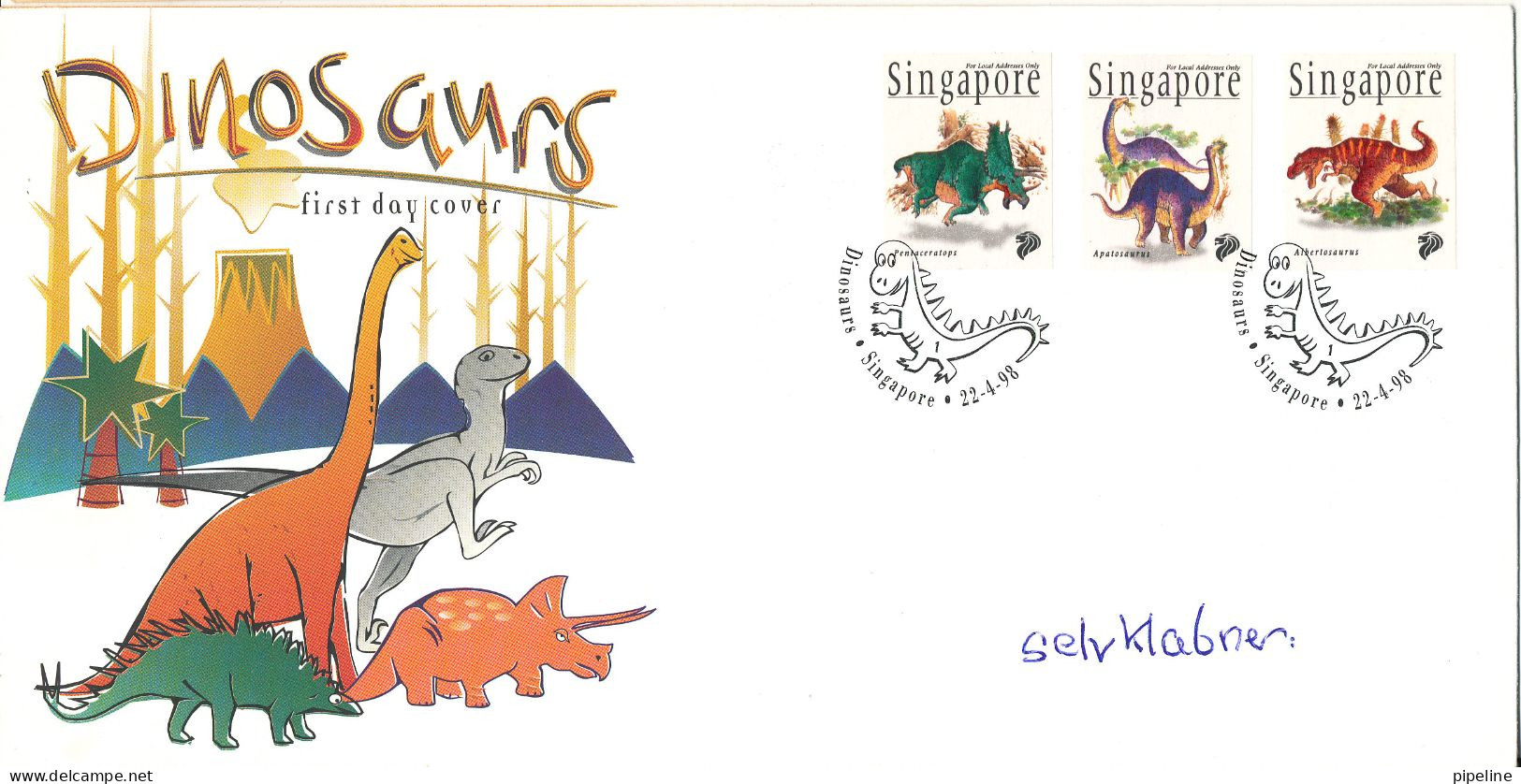 Singapore FDC 22-4-1998 Dinosaurs Complete Set Of 3 With Cachet - Singapore (1959-...)