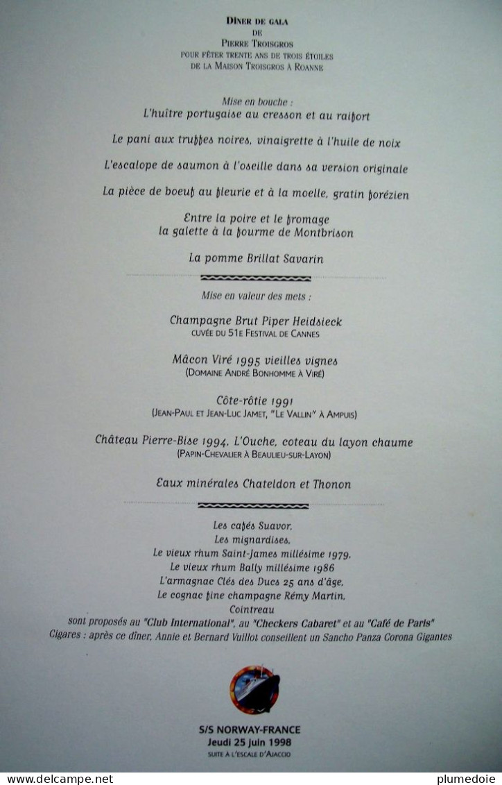 MENU PAQUEBOT SS NORWAY FRANCE " LA CROISIERE  " 1998 DINER DE GALA Illustration JEAN A MERCIER Signé MICHEL TROISGROS - Menükarten