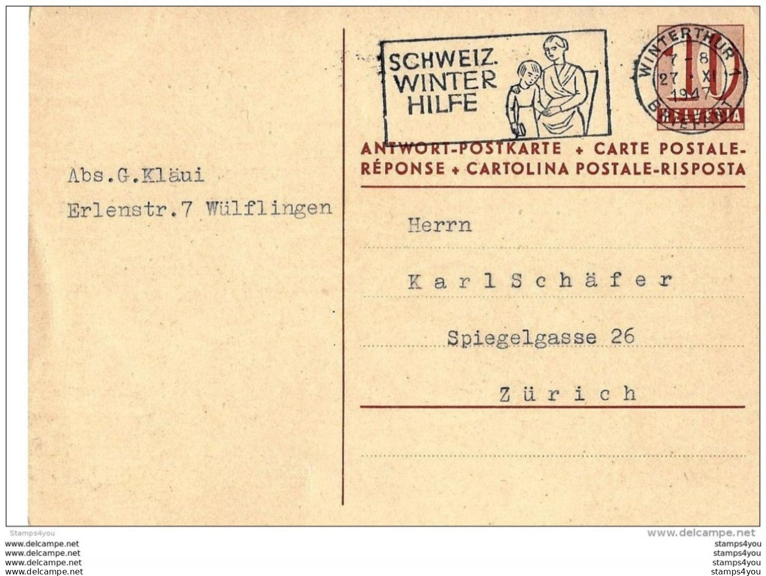 103 - 36 - Entier Postal Avec Oblit Mécanique "Schweiz Winter Hilfe 1947" - Entiers Postaux