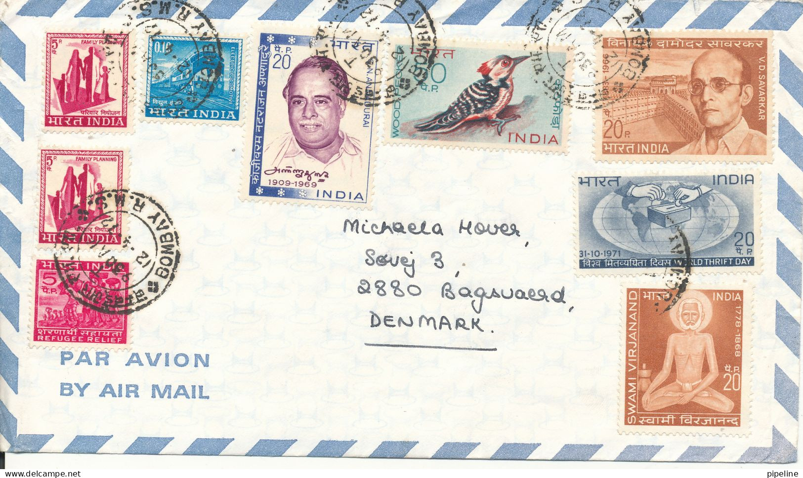 India Air Mail Cover Sent To Denmark 12-4-1972 With More Topic Stamps - Poste Aérienne