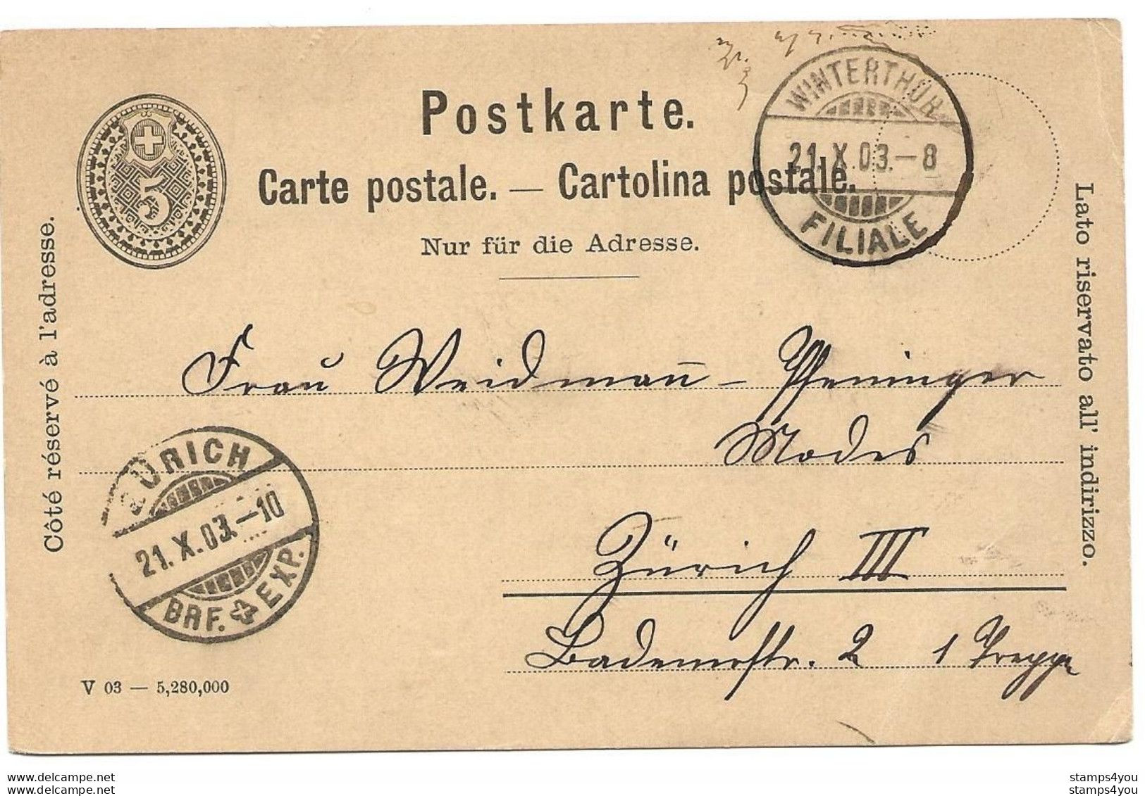 103 - 47 - Entier Postal Avec Cachets à Date De Winterthur Et Zürich 1903 - Entiers Postaux