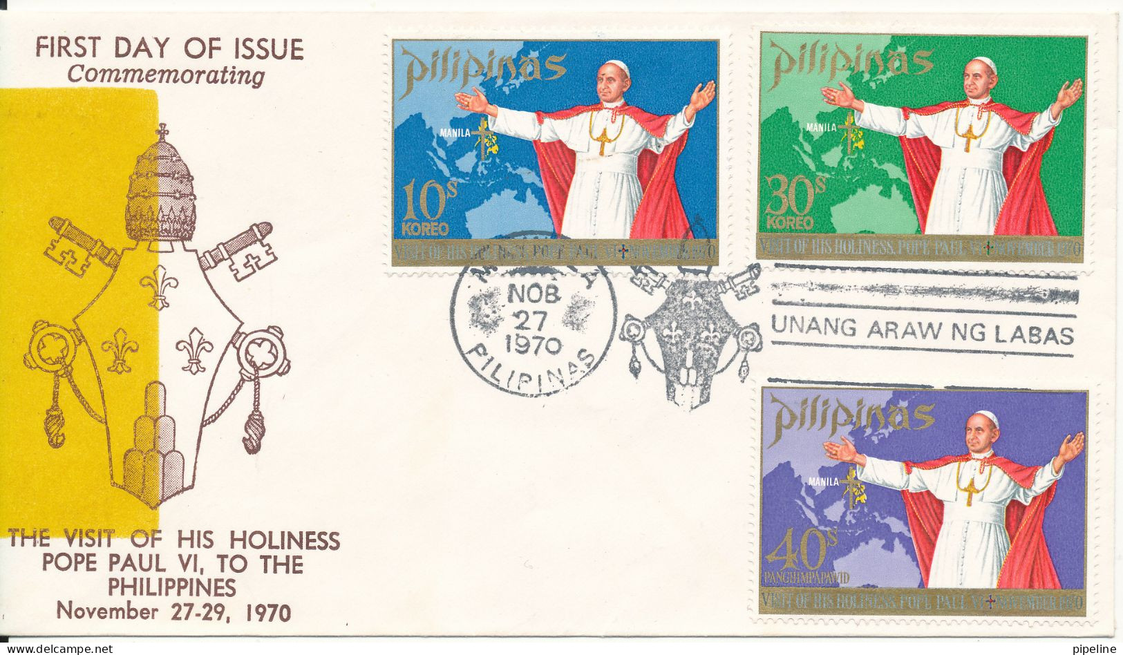 Philippines FDC 27-11-1970 Pope Johannes Paul VI Visit To The Philippines Complete Set Of 3 With Cachet - Filippijnen