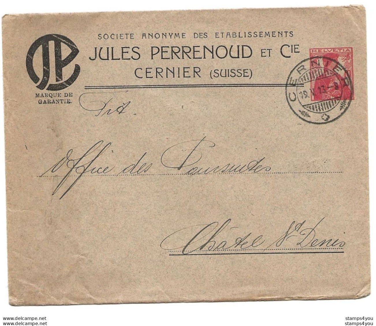 103 - 32 - Entier Postal Privé "Jules Perrenoud Cernier 1913" - Léger Pli - Entiers Postaux