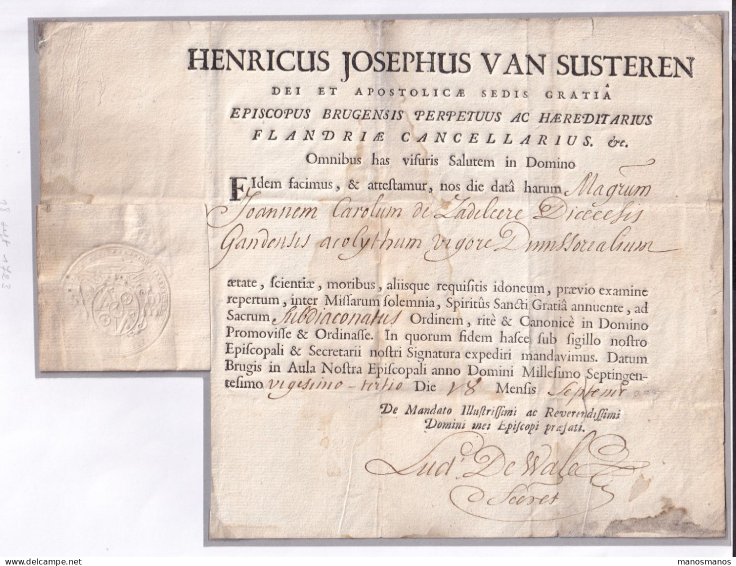 DDFF 807-- Document 1723 De L' Eveque De BRUGES,Henricus Van Susteren - Sceau En Relief De L'Eveché - Karel De Zadeleere - 1714-1794 (Paises Bajos Austriacos)