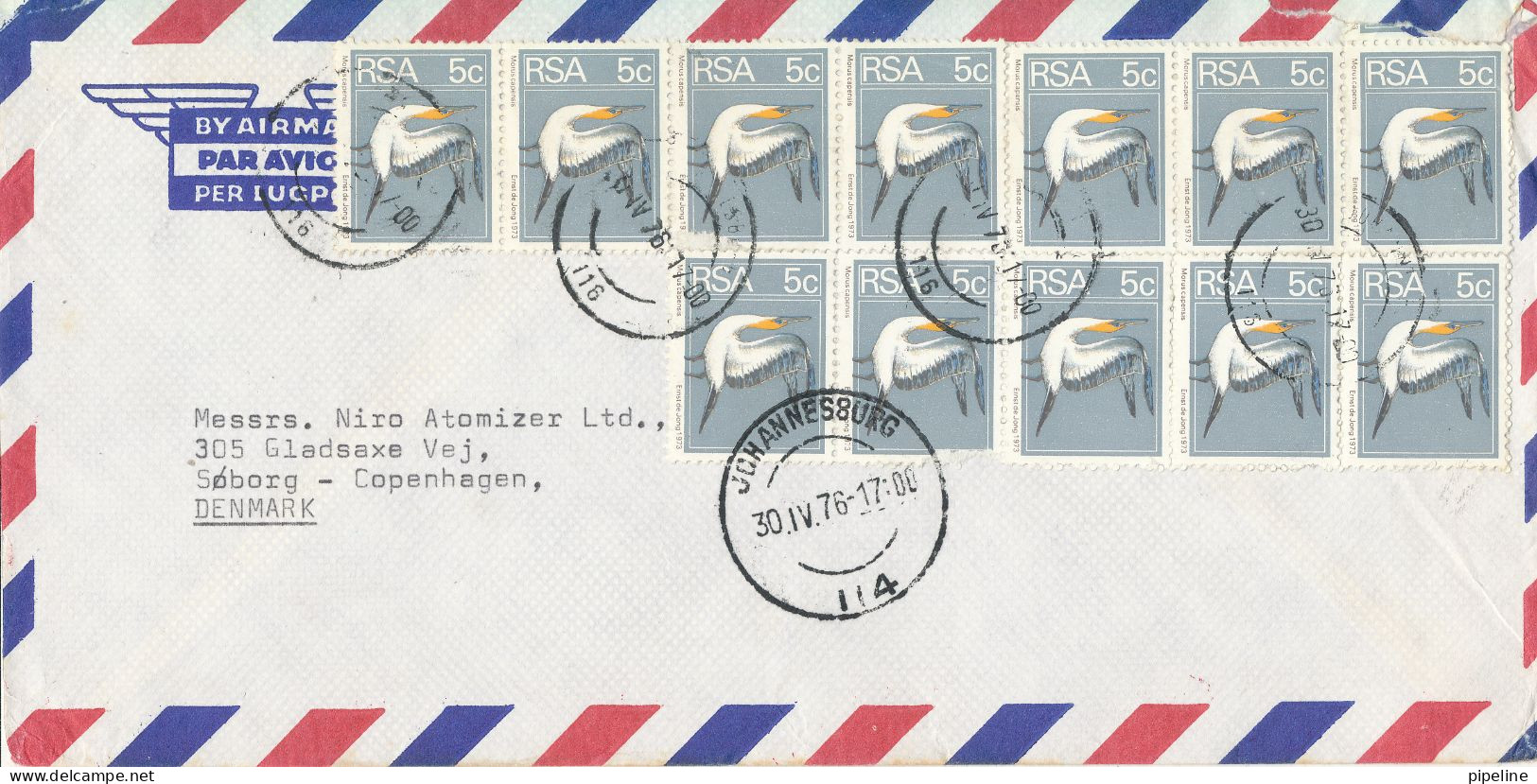 South Africa RSA Air Mail Cover Sent To Denmark 30-4-1976 With A Lot Of BIRD Stamps - Luchtpost