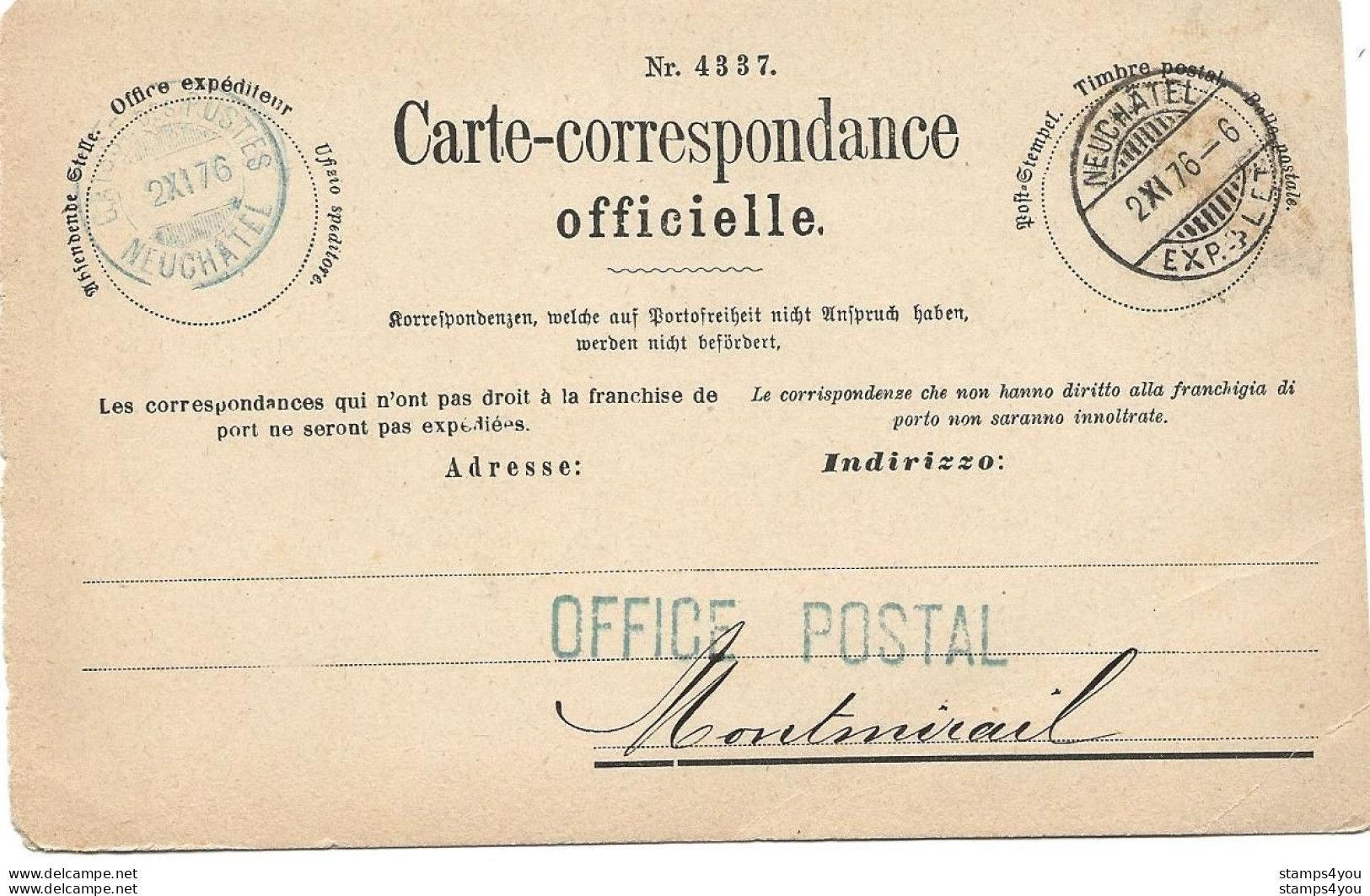 103 - 4 - Carte-correspondance Officielle 1876  Neuchâtel - Entiers Postaux