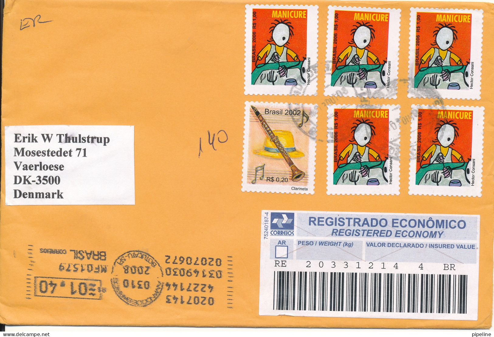 Brazil Registered Cover Sent To Denmark 3-10-2008 - Brieven En Documenten