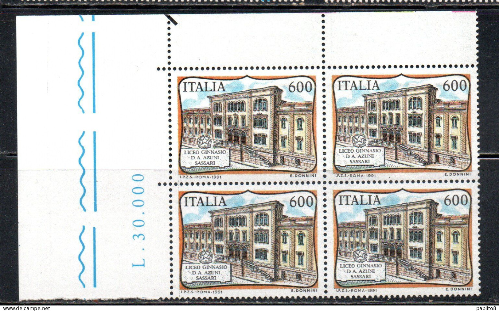 ITALIA REPUBBLICA ITALY REPUBLIC 1991 SCUOLE D'ITALIA LICEO GINNASIO D.A. AZUNI DI SASSARI QUARTINA ANGOLO DI FOGLIO MNH - 1991-00: Nieuw/plakker