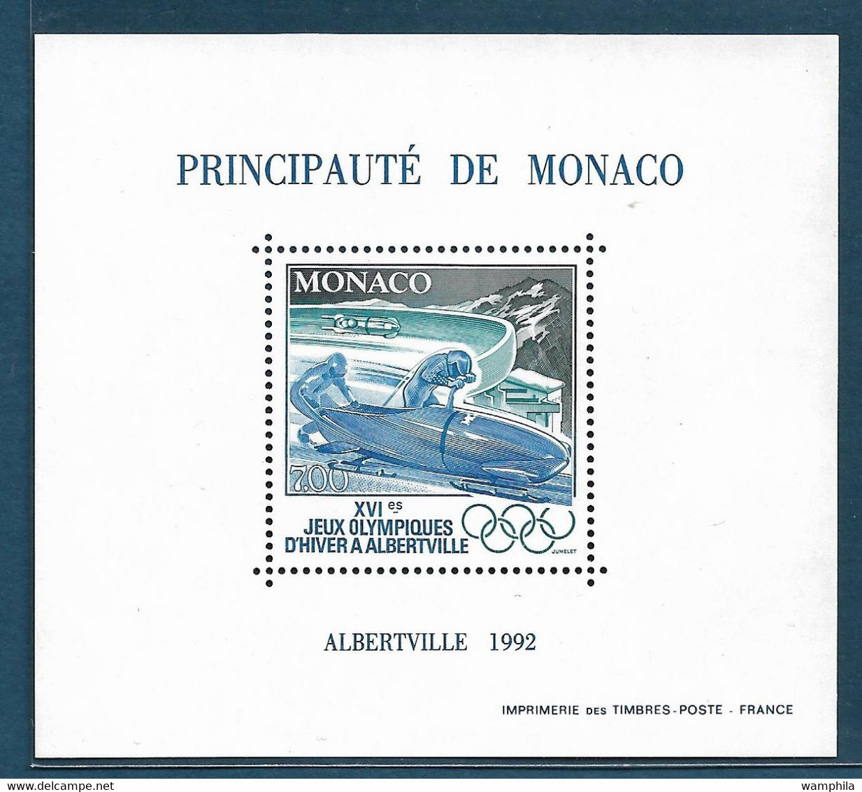 Monaco  Bloc 17**, J.O D'Albertville, Bobsleigh à Deux. Cote 140€ - Winter (Other)