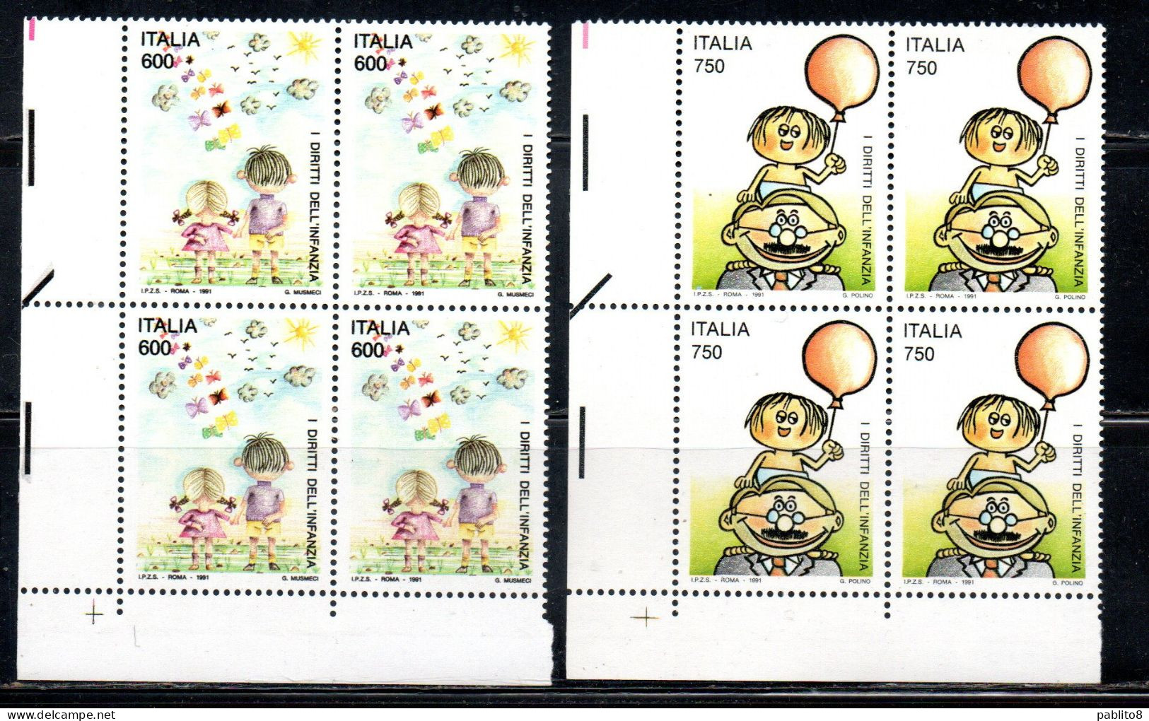 ITALIA REPUBBLICA ITALY REPUBLIC 1991 CONVENZIONE SUI DIRITTI SULL'INFANZIA SERIE SET QUARTINA ANGOLO DI FOGLIO MNH - 1991-00:  Nuovi